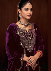Nakshatra Purple Emebroidered Velvet Suit