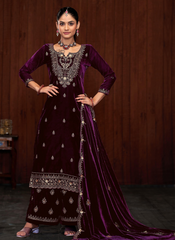 Nakshatra Purple Emebroidered Velvet Suit