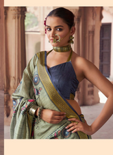 Nakshatra Digital Print Party Wear Sage Green Folk Print Saree with Antique Gold Border
