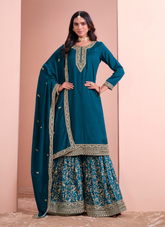 Nakshatra Teal Blue Dola Silk Palazzo Suit
