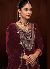 Nakshatra Maroon Emebroidered Velvet Suit