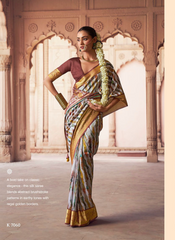 Nakshatra Digital Print Party Wear White Brown Brushstroke Saree with Golden Border