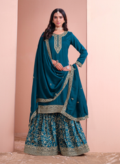 Nakshatra Teal Blue Dola Silk Palazzo Suit