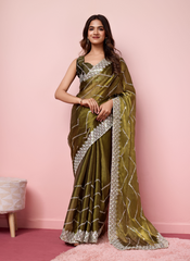 Nakshatra Olive green Burberry silk saree