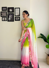Nakshatra Ombre Green Pink Embroided Saree