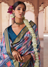 Nakshatra Digital Print Party Wear Blue Multicolour Floral Saree with Gold Border