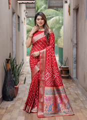 Nakshatra Maroon Bandini Saree in Dola Silk