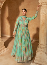 Nakshatra Sea Green Floral Indo Western Gown
