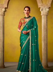 Nakshatra Rama Green Glass Tissue Saree