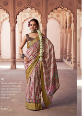 Nakshatra Digital Print Party Wear Beige Pink Floral Saree with Antique Gold Border