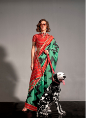 Nakshatra Rama Green Geometric Zigzag saree