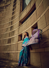 Turquoise Satin silk saree