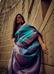 Turquoise Satin silk saree