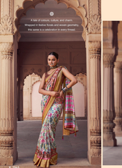 Nakshatra Digital Print Party Wear White Multicolour Saree with Gold Border