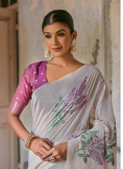 Nakshatra Off White with Wine Blouse Cotton Saree