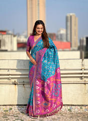 Nakshatra Blue Ikkat Patola Silk Saree