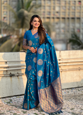 Nakshatra Teal Blue Soft Silk Dual Zari Saree