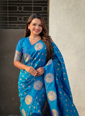 Nakshatra Teal Blue Soft Silk Dual Zari Saree