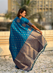 Nakshatra Teal Blue Soft Silk Dual Zari Saree