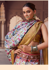 Nakshatra Digital Print Party Wear White Multicolour Saree with Gold Border