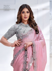 Nakshatra Pink Crepe satin Silk saree