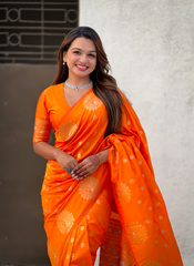 Nakshatra Orange Soft Silk Dual Zari Saree
