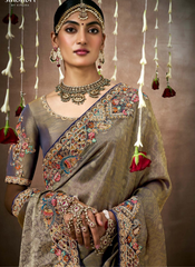 Nakshatra Grey and Purple Tissue silk Bridal saree