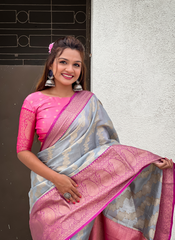 Nakshatra Light Grey Tissue Silk Saree