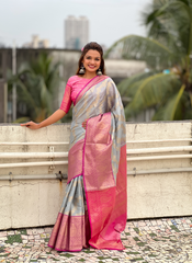 Nakshatra Light Grey Tissue Silk Saree