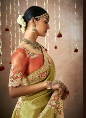 Nakshatra Olive Green Tissue silk Bridal saree