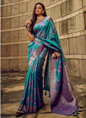 Turquoise Satin silk saree