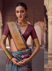 Nakshatra Digital Print Party Wear Teal Multicolour Stripes Saree with Golden Border