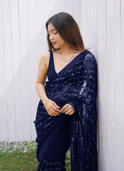 Nakshatra Blue Sequence Net Saree
