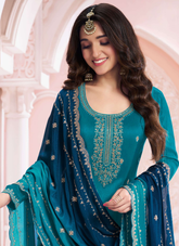 Nakshtar Teal Blue Embroidered Party Wear Suit