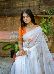 Nakshatra Off White with Orange Blouse Cotton Saree