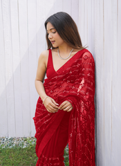 Nakshatra Red Sequence Net Saree