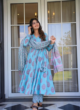 Nakshatra Sky Blue Maslin Printed Readymade Suit