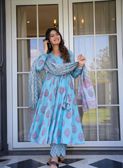 Nakshatra Sky Blue Maslin Printed Readymade Suit