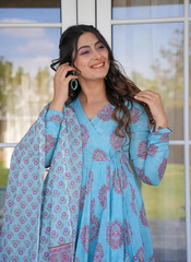 Nakshatra Sky Blue Maslin Printed Readymade Suit