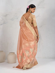 Nakshatra Peach Tissue Linen Saree with Zardosi Handwork & Embellished Pallu