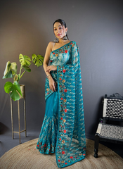 Nakshatra Rama Green Embroidered Saree