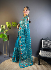 Nakshatra Rama Green Embroidered Saree