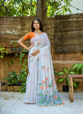 Nakshatra Off White with Orange Blouse Cotton Saree