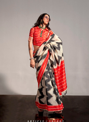 Nakshatra white Geometric Zigzag saree