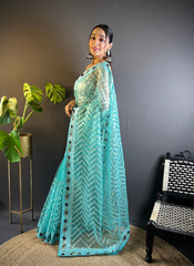 Nakshatra Blue Foil Work Saree