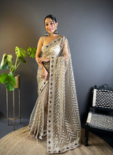 Nakshatra Beige Foil Work Saree