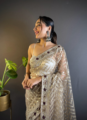 Nakshatra Beige Foil Work Saree