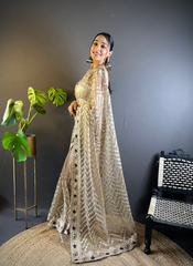 Nakshatra Beige Foil Work Saree