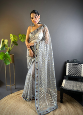 Nakshatra Grey Foil Work Saree