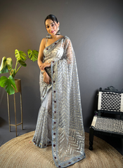 Nakshatra Grey Foil Work Saree